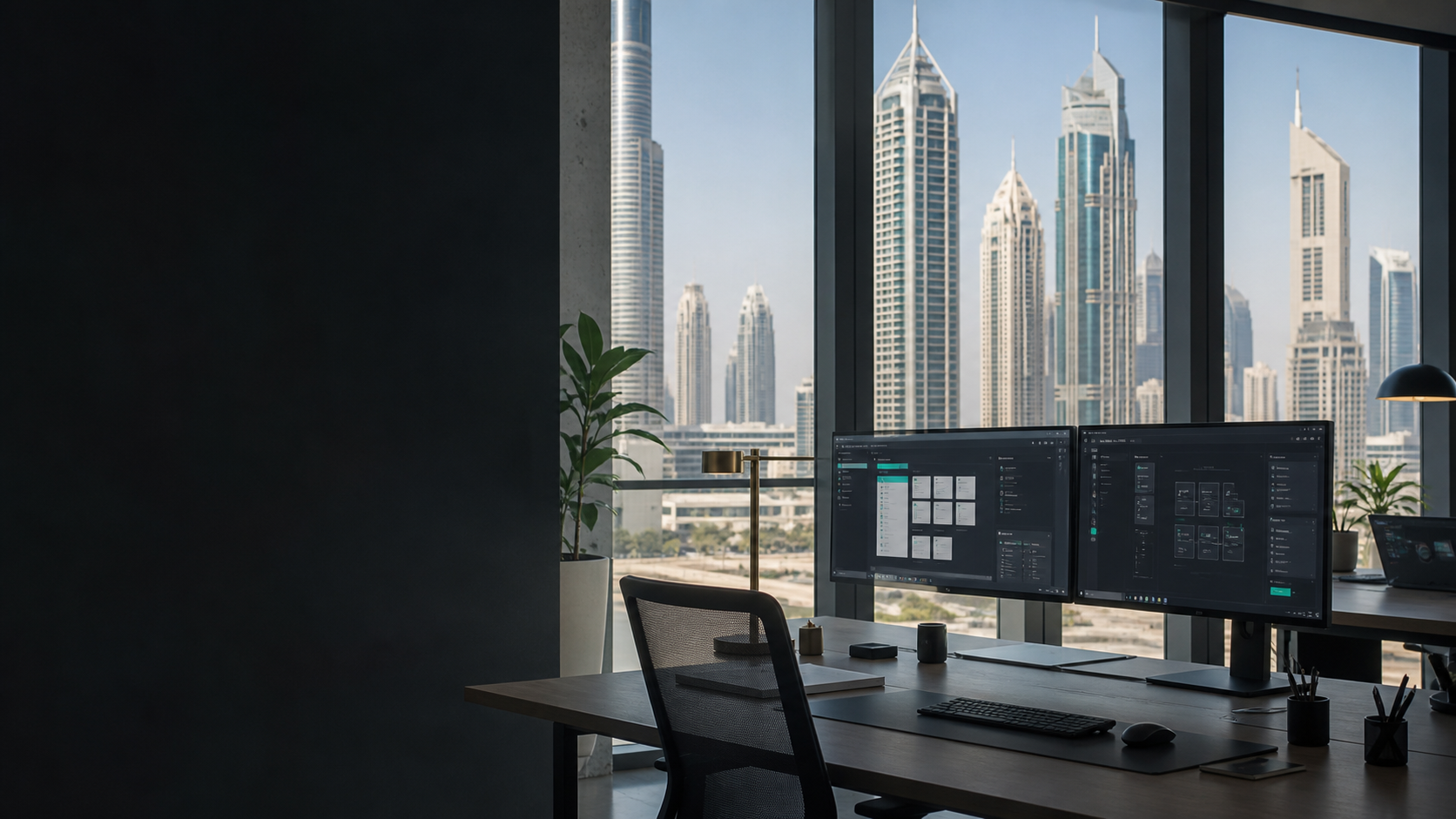 Modern software workspace overlooking Dubai